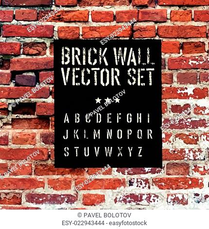 Brick traced texture, stencil alphabet and grunge rectangle. Three in one. Vector set
