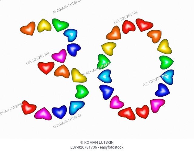Number 30 made of multicolored hearts on white background