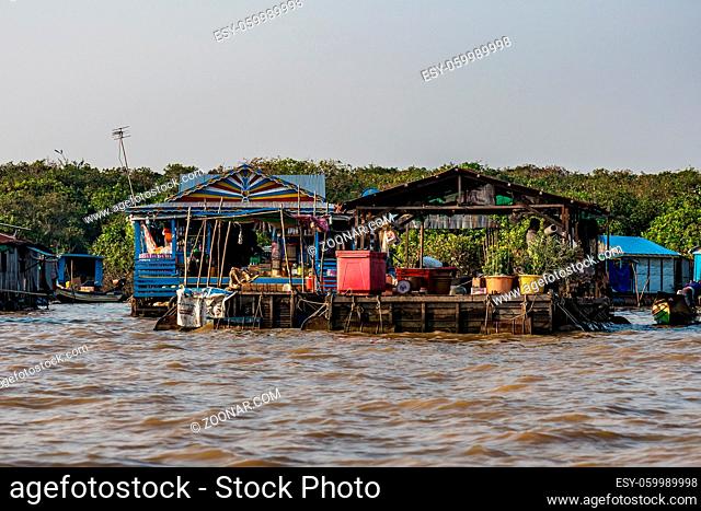 Floating village with floating houses on the Tonle Sap Lake, Koh Rong island, Cambodia, Asia