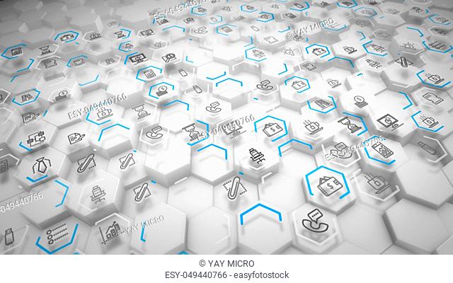 Abstract 3d illustration of business hexagons with different computer symbols connected with each other and placed diagonally in the grey background
