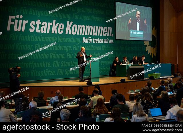 14 October 2023, Baden-Württemberg, Weingarten: The federal chairman of the Green Party, Omid Nouripour, will speak at the state delegates' conference of...
