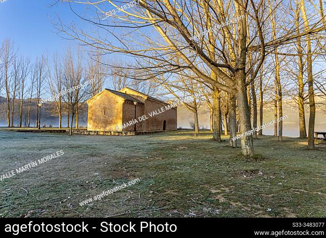 Hermitage of Vera Cruz in Maderuelo by the Linares del Arroyo reservoir. Segovia. Spain. Europe