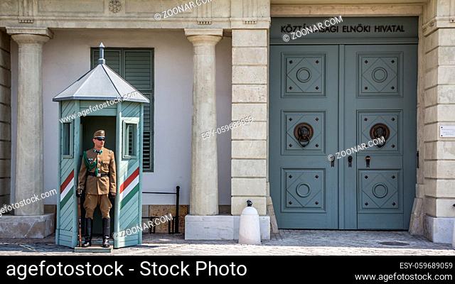 BUDAPEST, HUNGARY - JULY 21, 2015: Guard at entrance to the palace Sandor, the residence of the President of Hungary