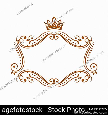 Royal medieval frame with crown, vector embellishment border with flourishes and floral ornament. Elegant vintage template for wedding invitation