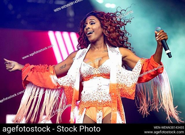 LONDON, ENGLAND: Artists perform on stage at the Mighty Hoopla Festival in Brockwell Park. Featuring: Alexandra Burke Where: London