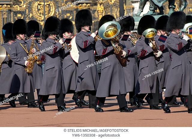 Marching band at the Changing of the Guard ceremony outside Buckingham Palace in London, England