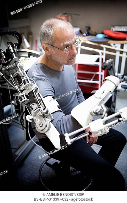 Reportage at ISIR (Institute of Robotics and Intelligent Systems) in Paris, France. Exoskeleton prototype used for neuro-motor rehabilitation and physical...
