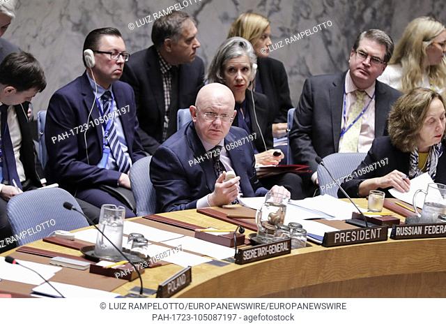 United Nations, New York, USA, June 06, 2018 - Russian Ambassador to the UN, Vassily Nebenzia during a UNSC meeting on the adoption of RES 2419 on youth