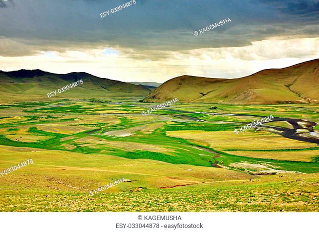 View of Orkhon Valley, Karakorum, Mongolia. You see an empty valley but this place was the capital of mongol empire at 13th century