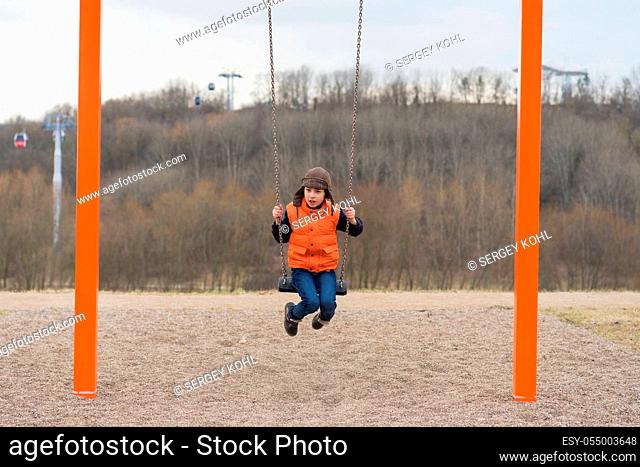 Joyful boy on the playground on a swing