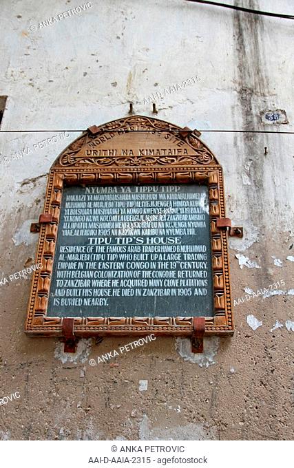 Sign outside Tipu Tip's House, a World Heritage Site, Stone Town, Zanzibar, Tanzania