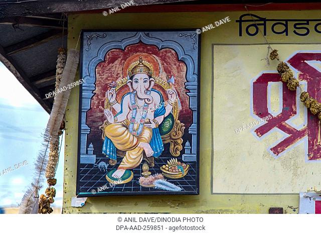 Lord Ganesha painted on shop, Sangli, Maharashtra, India, Asia