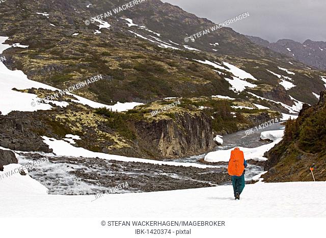 Hiker, backpacker in rain gear, backpack cover, snow bridge, passing canyon near historic Happy Camp, alpine landscape, Chilkoot Trail, Chilkoot Pass