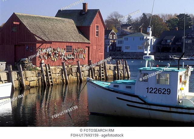 Rockport, harbor, lobster boats, MA, Massachusetts, Fishing boats docked in Rockport Harbor in Rockport in the fall