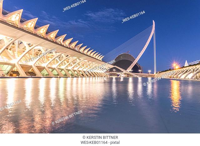 Spain, Valencia, lighted Museu de les Ciencies Principe Felipe with bridge and Agora in the background