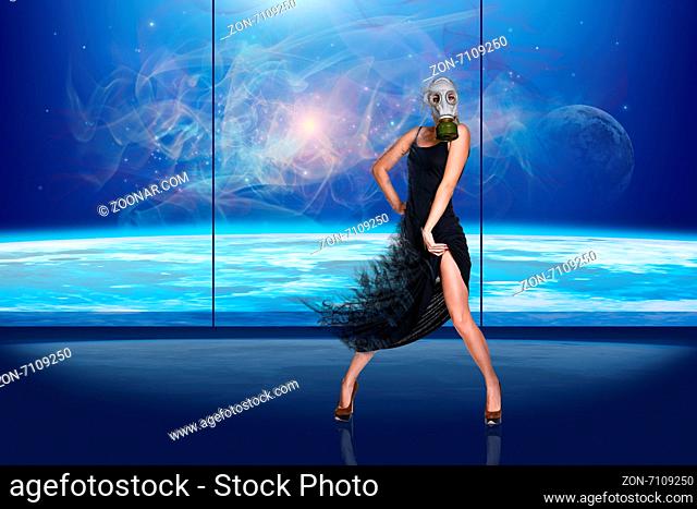Girl in a gas-mask is dancing on globe background