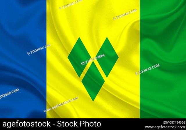 Flag of Saint Vincent and the Grenadines country on wavy silk fabric panorama background - illustration