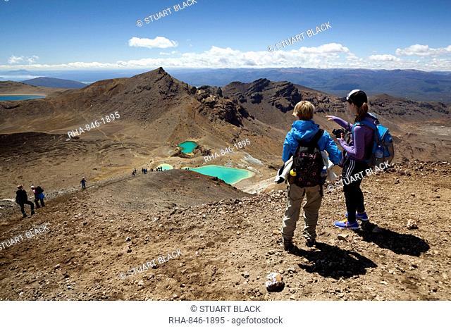 Walkers on the Tongariro Alpine Crossing above the Emerald Lakes, Tongariro National Park, UNESCO World Heritage Site, North Island, New Zealand, Pacific