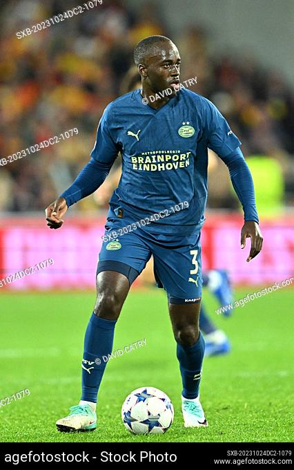 Jordan Teze (3) of Eindhoven pictured during the Uefa Champions League matchday 3 game in group B in the 2023-2024 season between Racing Club de Lens and PSV...