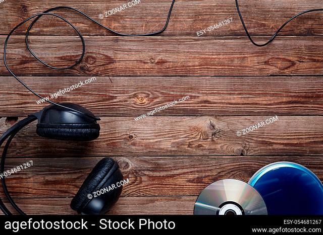 top view of music cd player equipment on wooden desk