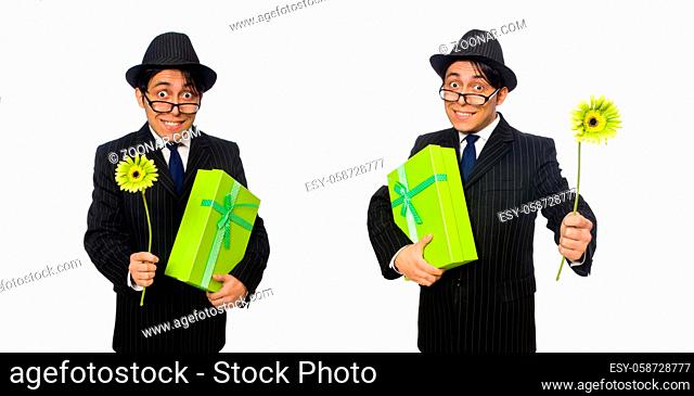 Funny man with flowers and box