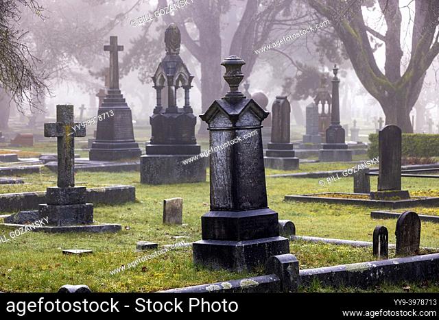 Foggy morning in Ross Bay Cemetery - Victoria, Vancouver Island, British Columbia, Canada