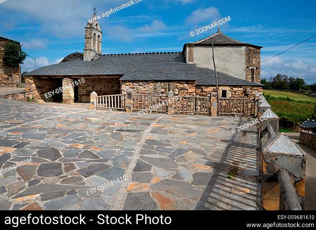 Old church Santa Maria Magdalena in sunlight with blue sky, Penafonte, Camino de Santiago close to Grandas de Salime, Asturias, Spain