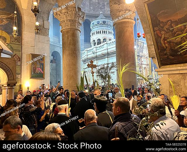 RUSSIA, JERUSALEM - APRIL 9, 2023: Believers attend a Palm Sunday service held at the Church of the Holy Sepulchre to mark Christ's triumphal entry into...