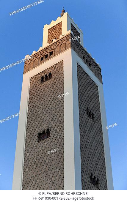 Mosque minaret in coastal city, Mohammed V Mosque, Tangier, Morocco april