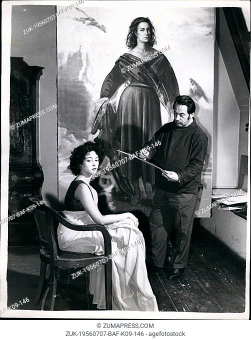 Jul. 07, 1956 - Pietro Annigone paints portrait of girl from Ceylon.: Popular artist Pietro Annigoni - who is daily rejecting commissions that would bring him...