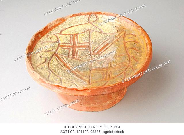 Earthenware dish on high foot, coat of arms in sludge technology and sgraffito, salt barrel dish crockery holder soil find ceramics earthenware clay engobe...