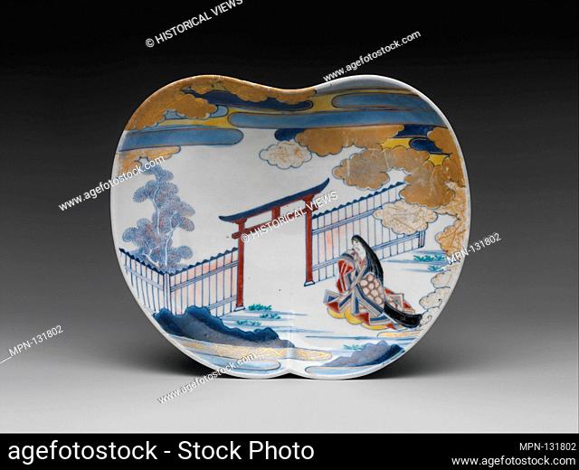 æŸ“éŒ¦å¥³å®˜å›³å°çš¿/Dish with Design of Court Lady by the Gate of a Shinto Shrine. Period: Edo period (1615-1868); Date: 1650-60s; Culture: Japan; Medium:...