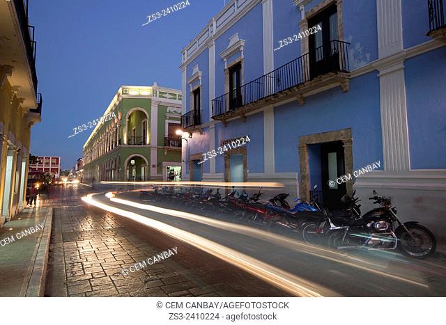 Street scene from the historical center of Campeche by night, Campeche Region, Yucatan, Mexico, Central America