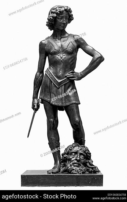 David and Goliath head ancient statue. Biblical story. Antique sculpture isolated on white background