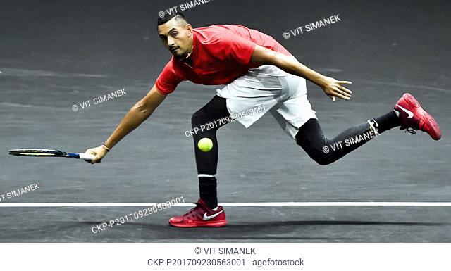 Australian tennis player NICK KYRGIOS (Team World) in action during the 7th match, singles, against Czech tennis player Tomas Berdych (Team Europe) within the...