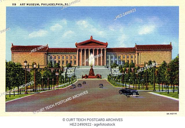 Art Museum, Philadelphia, Pennsylvania, USA, 1934. Vintage linen postcard showing the exterior of the Art Museum and the tree lined Benjamin Franklin Parkway...