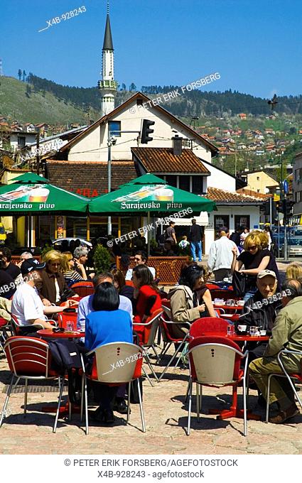 People on a cafe terrace in Bascarsija district of Sarajevo Bosnia Herzegovina Europe