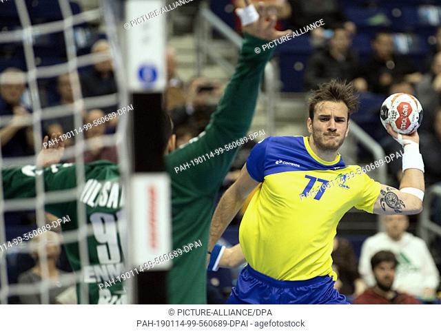 14 January 2019, Berlin: Handball: WM, Serbia - Brazil, preliminary round, group A, 3rd matchday. Brazil's Rudolph Hackbarth (r) throws on goal