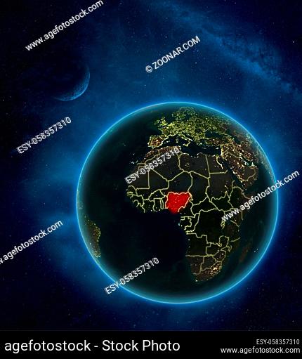 Nigeria at night from space with Moon and Milky Way. Detailed planet Earth with city lights and visible country borders. 3D illustration