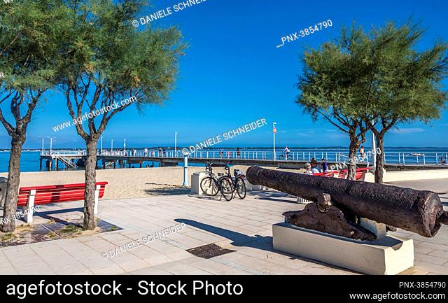 France, Gironde, Arcachon, old cannon by the sea at the Moulleau pier