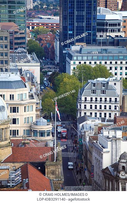 England, West Midlands, Birmingham. Aerial view along Colmore Row in Birmingham city centre