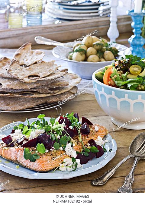 Baked salmon on plate