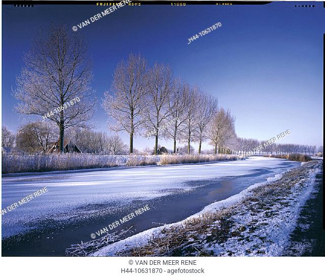 10631870, trees, dyke, ice, river, flow, frost, Holland, scenery, Netherlands, Noord Holland, hoarfrost, reed, snow, shore, wi