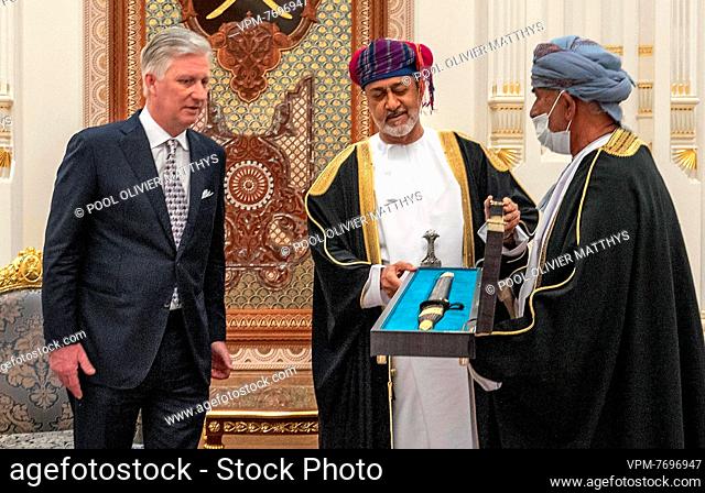 King Philippe - Filip of Belgium and Sultan of Oman Haitham bin Tariq Al Said pictured during a diplomatic meeting at the Al Alam Palace in Muscat