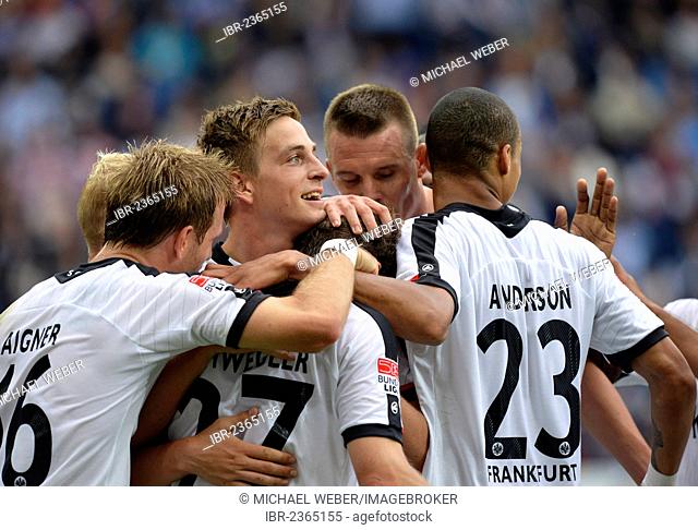 Players of Eintracht Frankfurt celebrating a goal by Pirmin Schwegler, Wirsol Rhein-Neckar-Arena, Sinsheim-Hoffenheim, Baden-Wuerttemberg, Germany, Europe