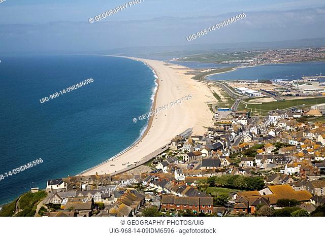 Chesil beach from Portland Bill, Dorset, England. Chesil Beach is a pebble beach 18 miles long and stretches north-west from Portland to West Bay