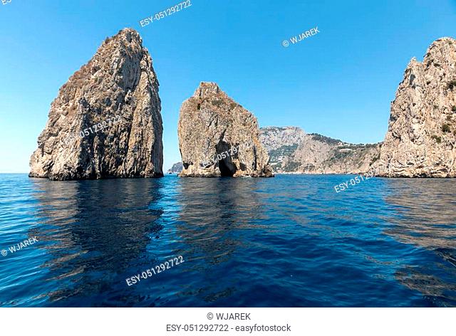 Faraglioni Rocks on Capri Island, Italy. Rock's names left to left: Stella, Mezzo and Scopolo or Fuori