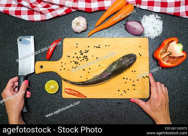 Preparing a gastronomic fish dish catfish, caucasian woman hands preparing food, seen from above