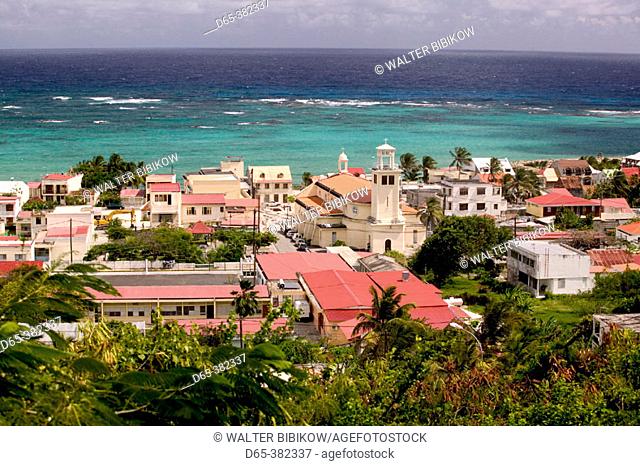 French West Indies (FWI), Guadeloupe, Marie-Galante Island, Capesterre: Town view with Church, East Coast Town