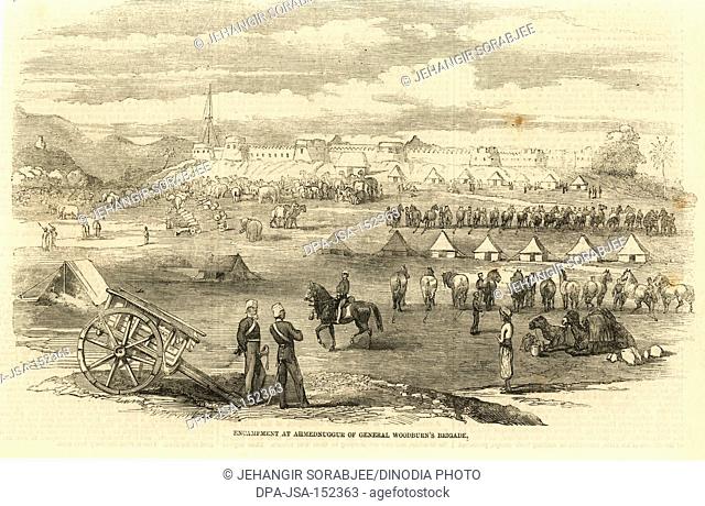 Military and munity mutiny views encampment at Ahmednuggur of General Woodburn's brigade ; Ahmednagar ; Maharashtra ; India